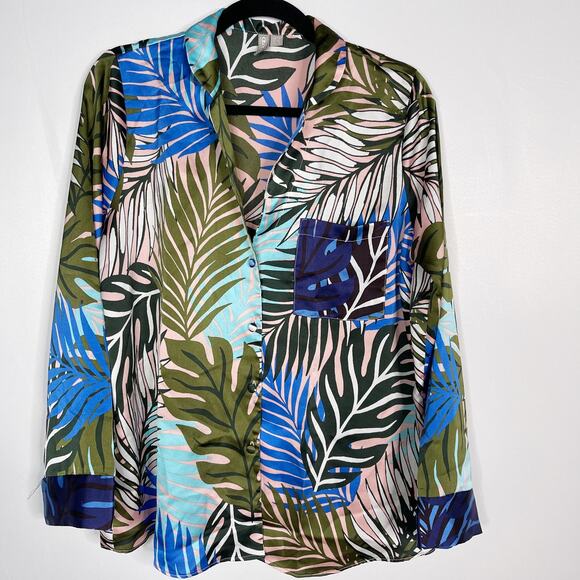ASOS Design 4 Blue Tropical Border Print Satin Pajama Set Long Sleeve Top Pants - Picture 2 of 16